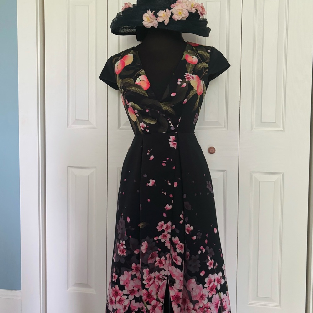 Ted Baker Fredica Black Midi Peach Blossom Dress Ted Baker Size 0 = US Size 2
